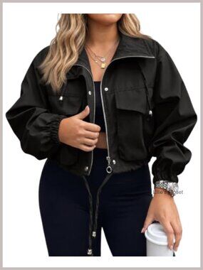 Plus Size Cropped Zip Up Utility Jacket Lightweight Oversized Anorak Coat with